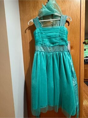 Girls Teal Sparkle Formal Dress with Beaded Waistband
